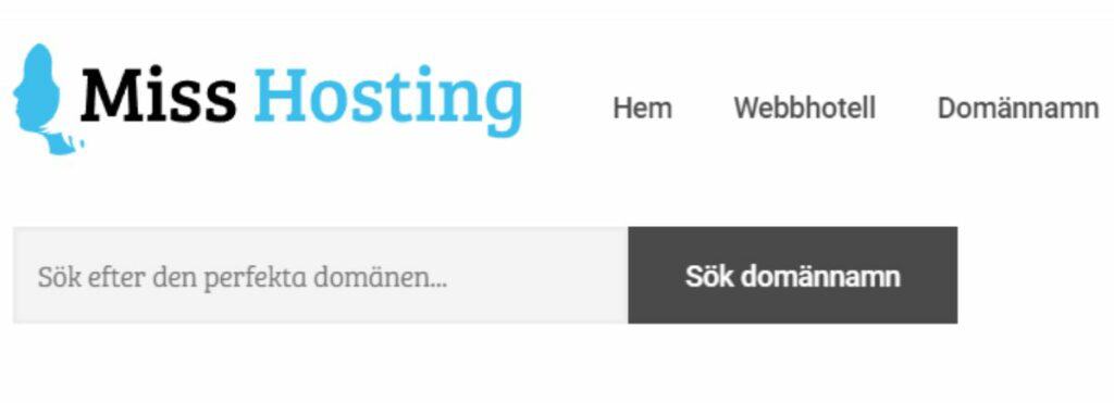 Screenshot Miss Hosting där du kan söka domännamn