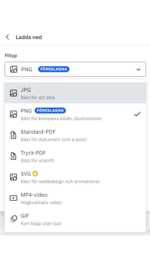 Skärmbild Canva där man laddar ned sin design