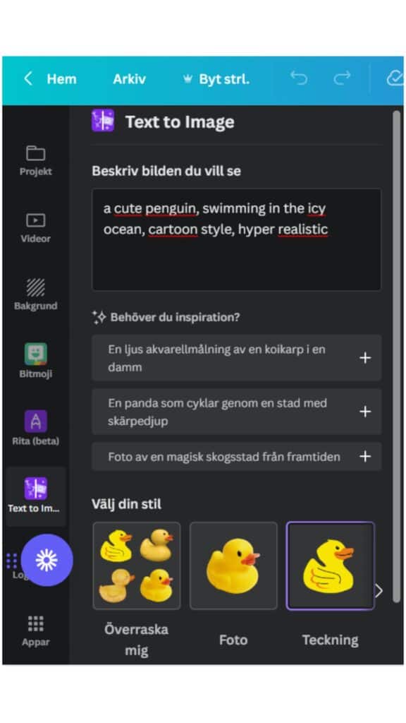 Canva skärmbild från AI bildskapare text to image