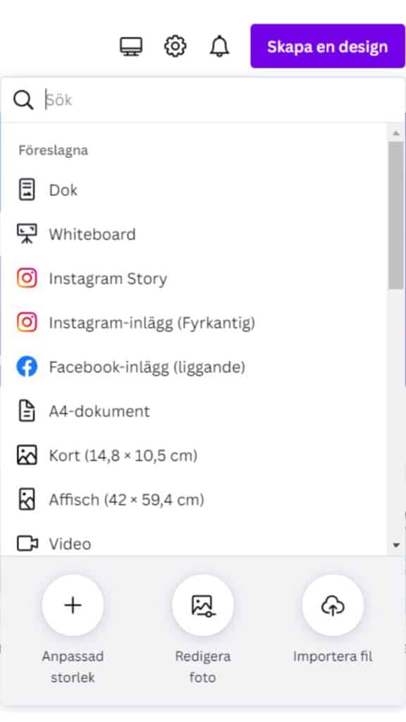 Skärmbild från Canva där du väljer storlek på din design