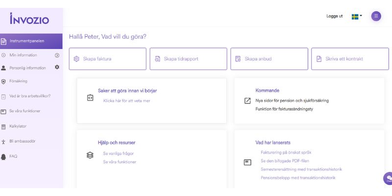 Skärmbild av Invozios användarpanel med olika funktioner som skapa faktura, skapa tidrapport och skriva kontrakt.